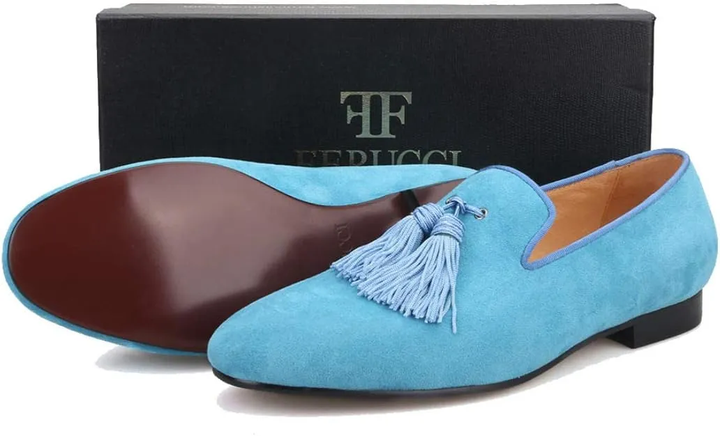 FERUCCI Men Light Blue Suede Slippers Loafers Flat with Big Blue Tassel