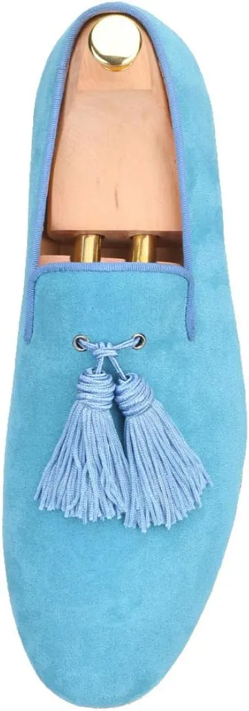 FERUCCI Men Light Blue Suede Slippers Loafers Flat with Big Blue Tassel