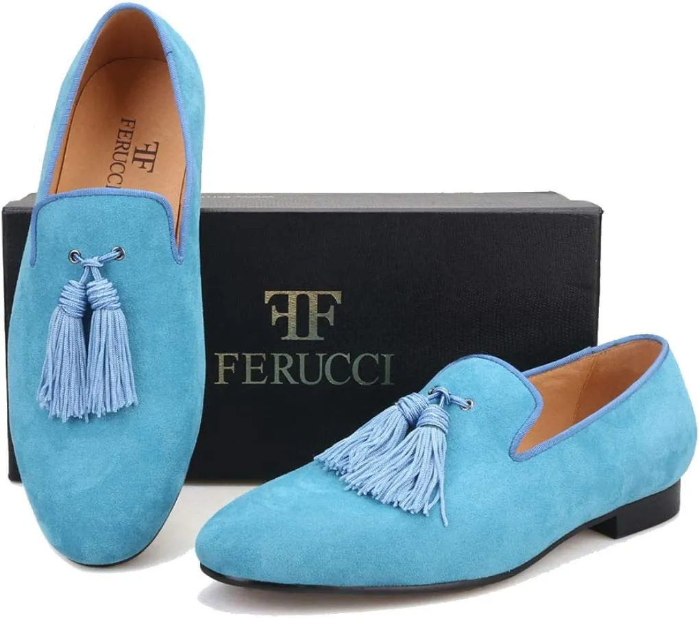 FERUCCI Men Light Blue Suede Slippers Loafers Flat with Big Blue Tassel