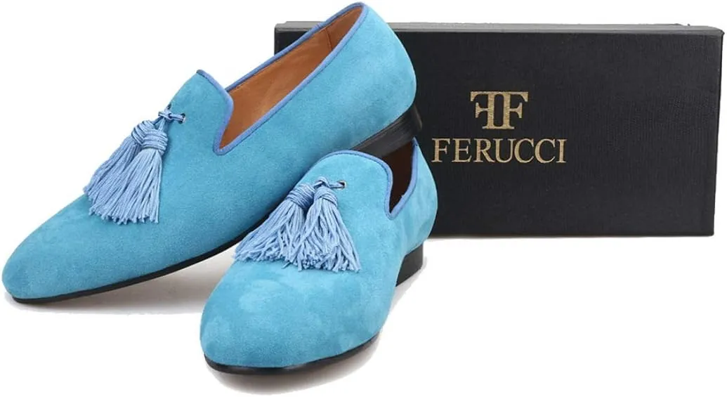 FERUCCI Men Light Blue Suede Slippers Loafers Flat with Big Blue Tassel