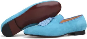 FERUCCI Men Light Blue Suede Slippers Loafers Flat with Big Blue Tassel