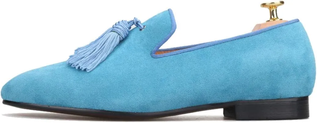 FERUCCI Men Light Blue Suede Slippers Loafers Flat with Big Blue Tassel