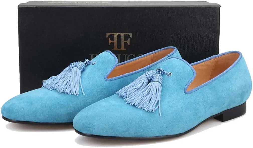 FERUCCI Men Light Blue Suede Slippers Loafers Flat with Big Blue Tassel
