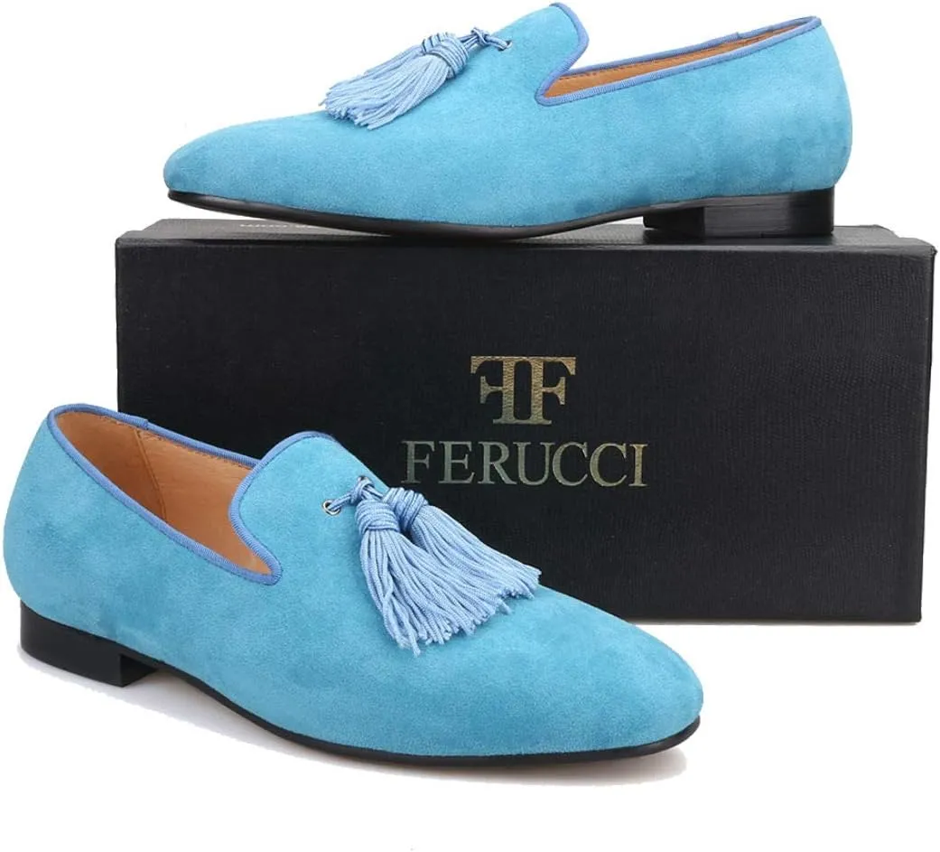 FERUCCI Men Light Blue Suede Slippers Loafers Flat with Big Blue Tassel