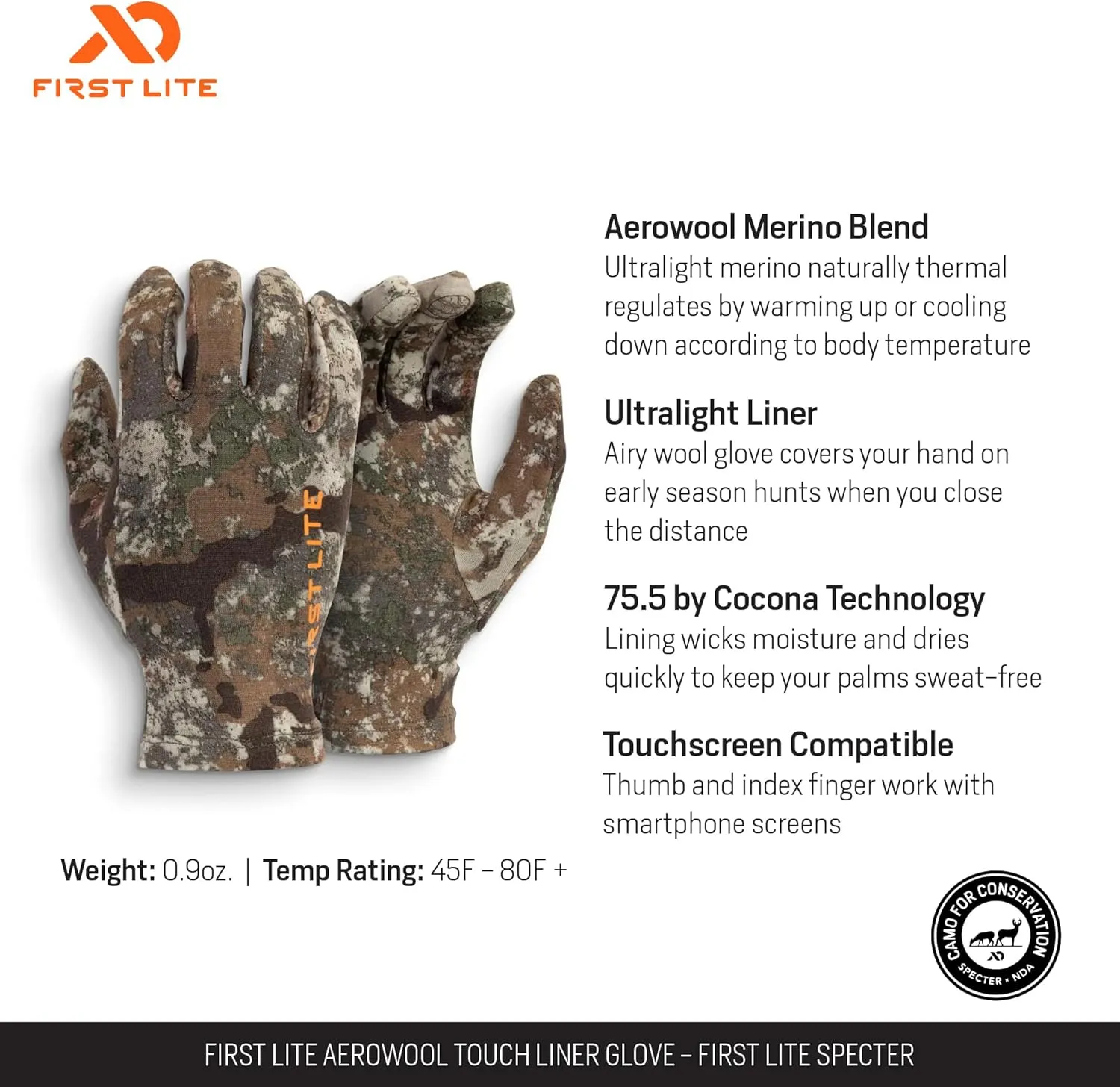 First Lite Aerowool Touch Liner Merino Wool Glove - Lightweight, Touchscreen Compatible Camo Hunting Gloves