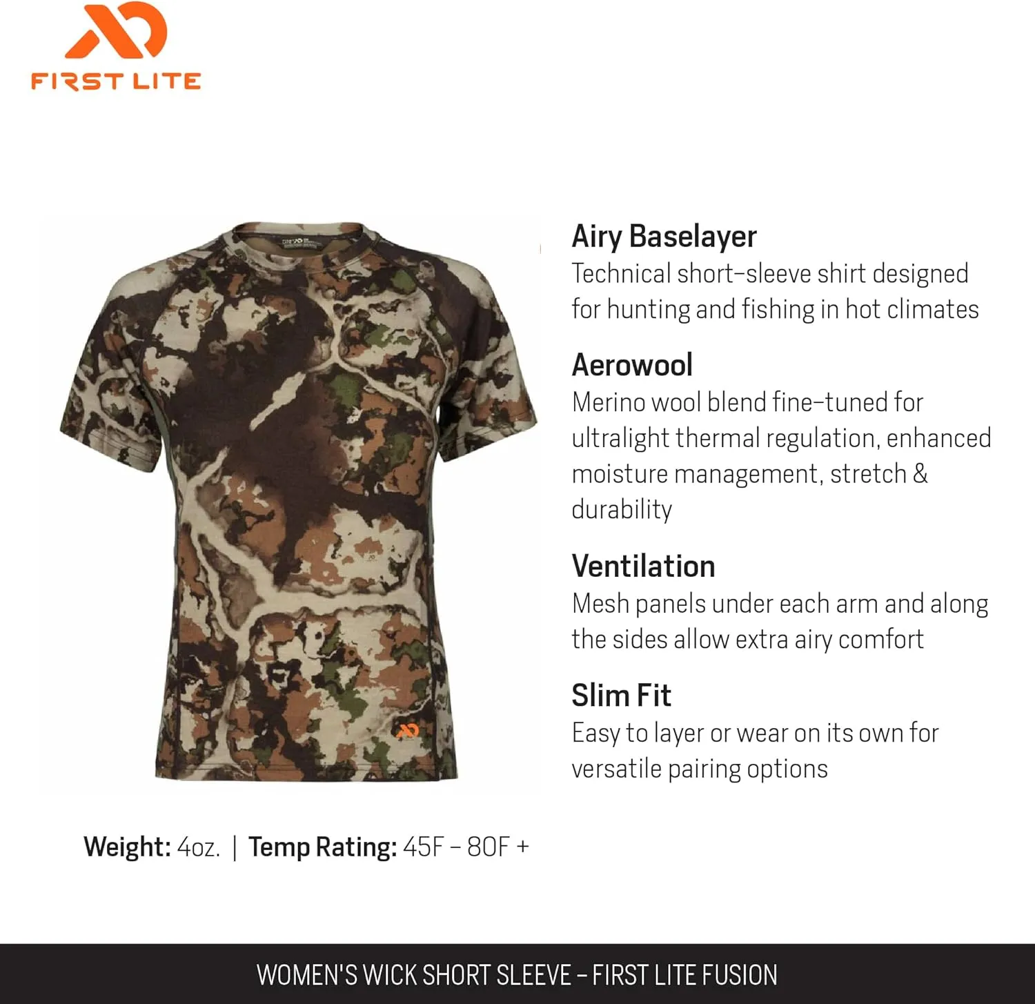 First Lite Women's Wick Short Sleeve Crew Shirt - Ultralight Merino Wool Camo Hunting T-Shirt