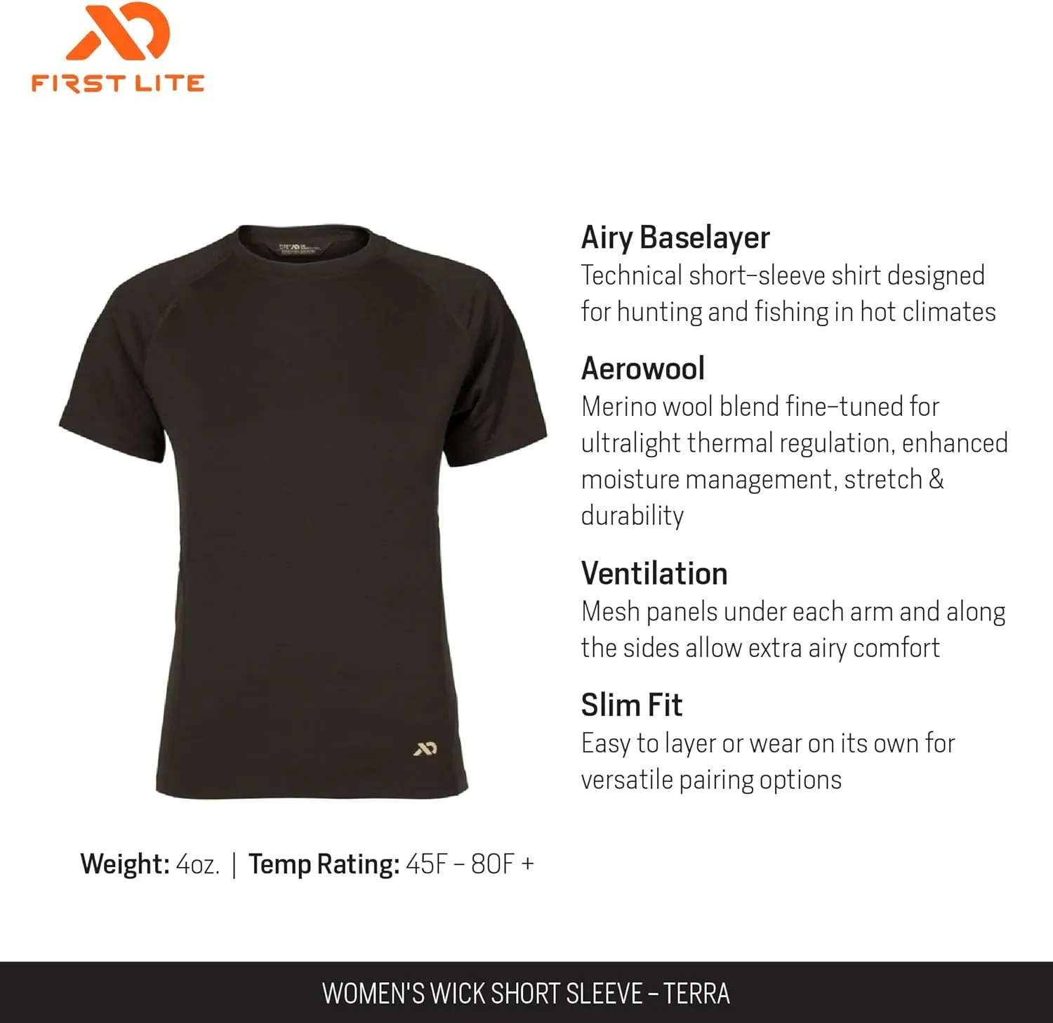 First Lite Women's Wick Short Sleeve Crew Shirt - Ultralight Merino Wool Camo Hunting T-Shirt