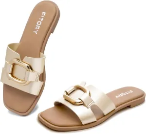 FITORY Women's Flat Sandals Fashion Square Open Toe Slides With Metal Chain Slippers for Summer Size 6-11