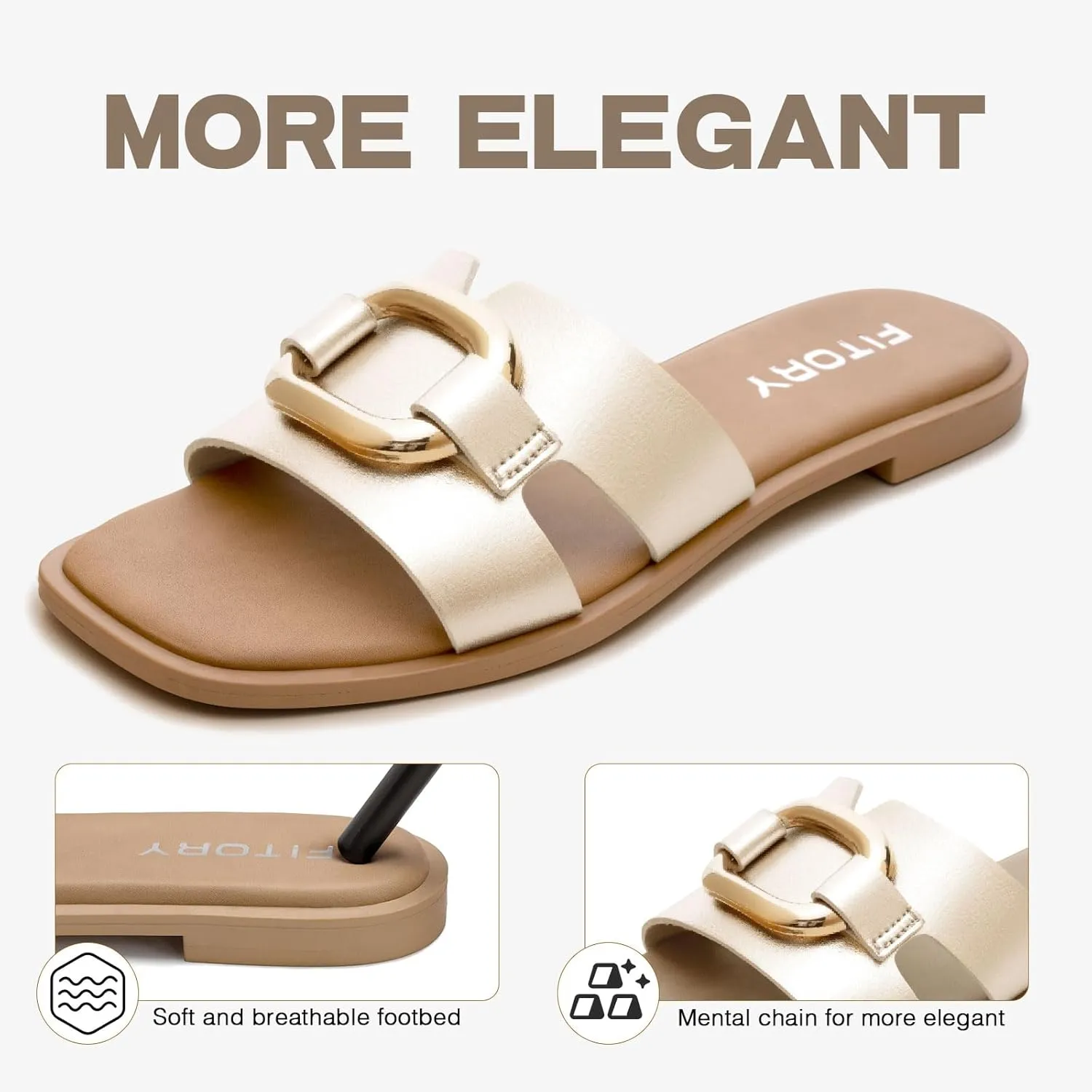 FITORY Women's Flat Sandals Fashion Square Open Toe Slides With Metal Chain Slippers for Summer Size 6-11