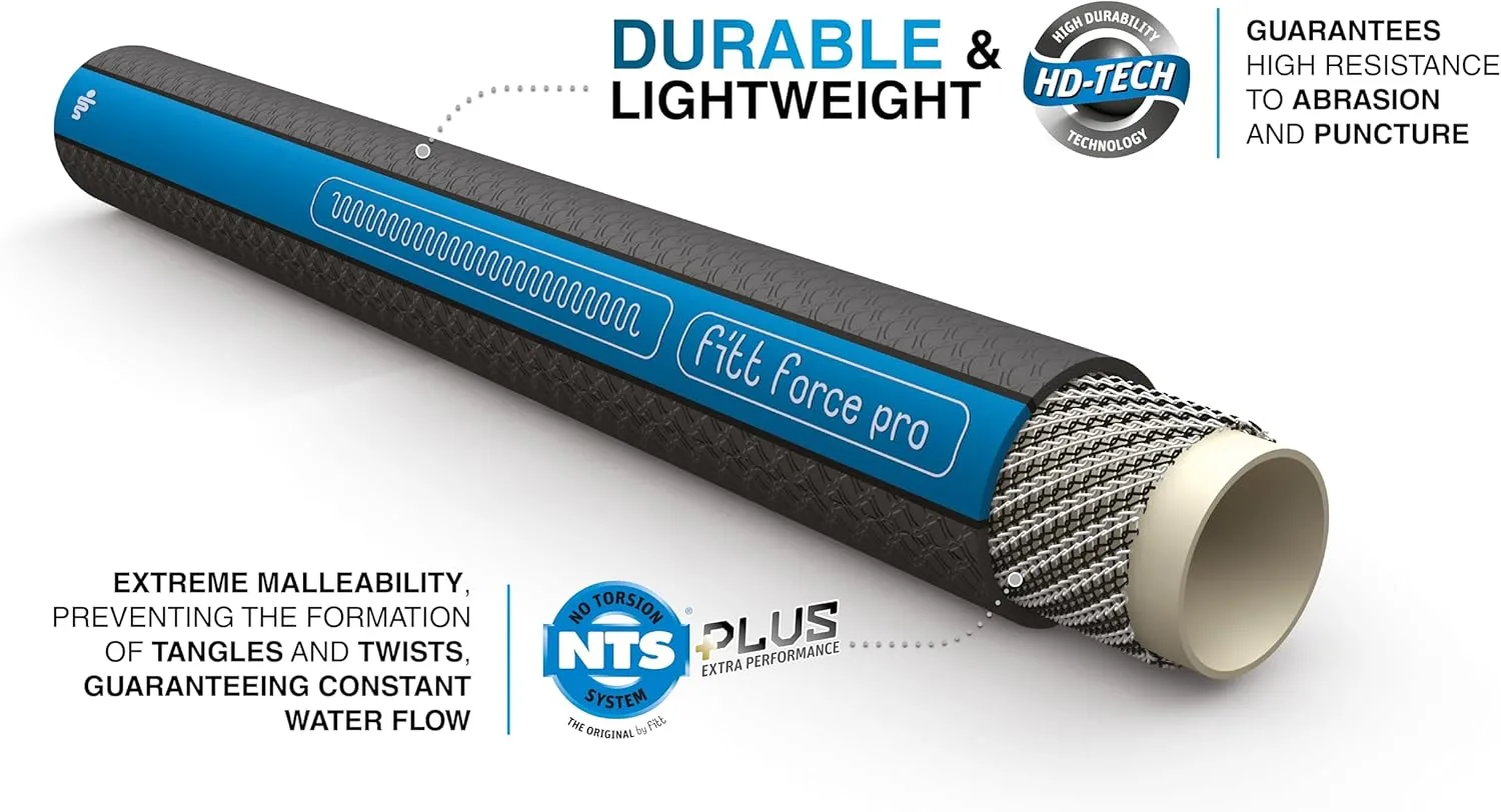 FITT Force Pro Water Hose, Lightweight Ultra Flexible Durable Kink-Free Heavy-Duty Commercial Grade Flat Garden Hose, Grey and Blue, 50-Feet x 5/8-Inch