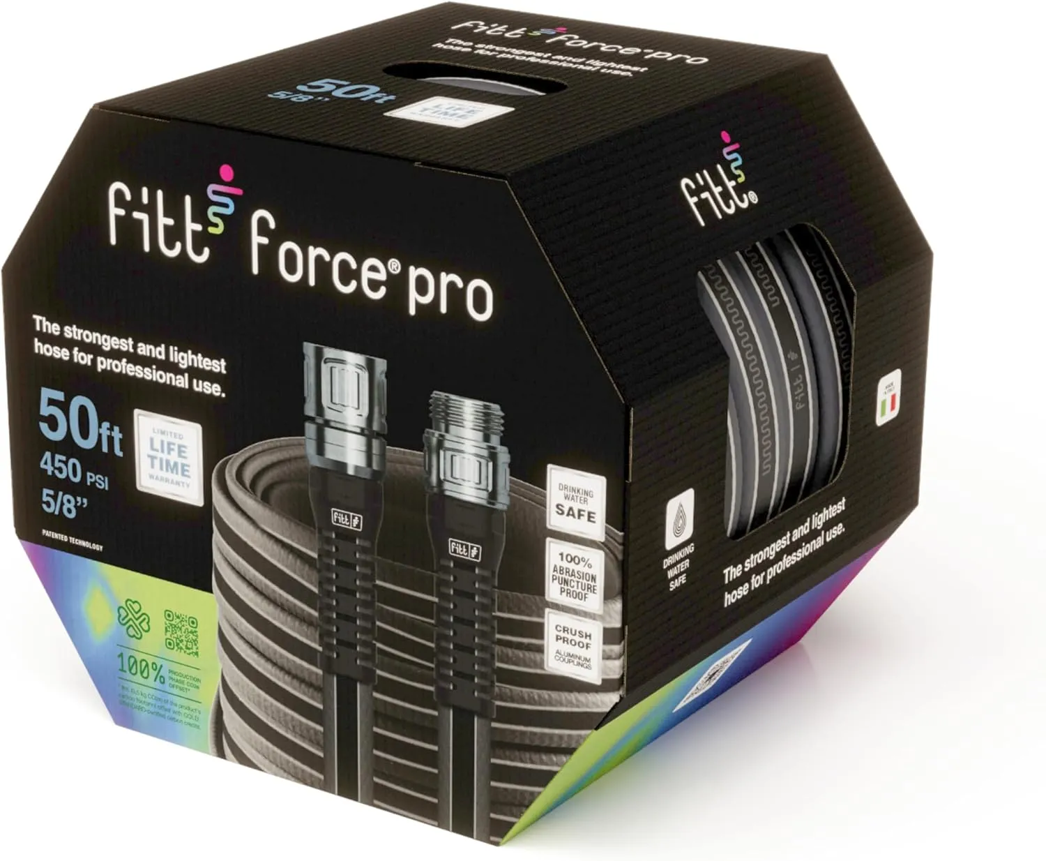 FITT Force Pro Water Hose, Lightweight Ultra Flexible Durable Kink-Free Heavy-Duty Commercial Grade Flat Garden Hose, Grey and Blue, 50-Feet x 5/8-Inch