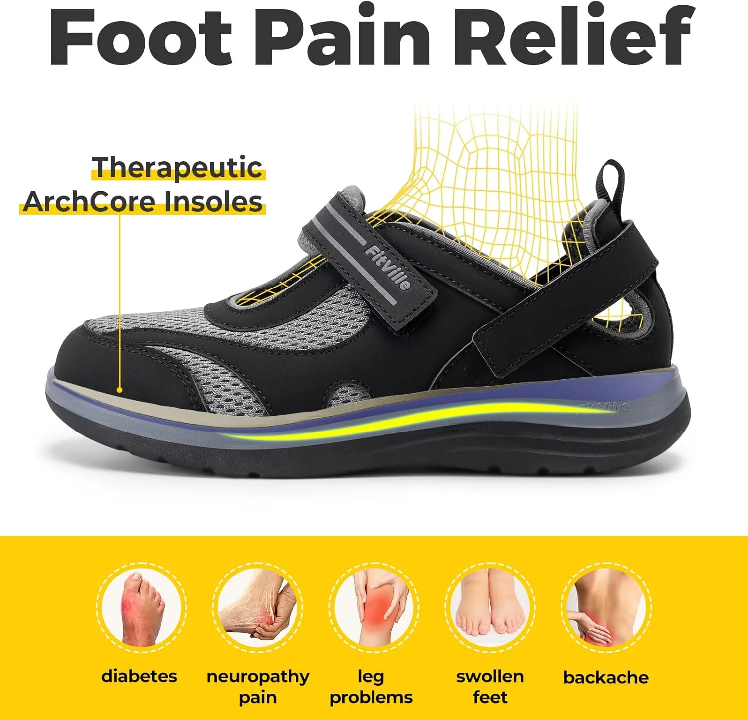 FitVille Women's Diabetic Shoes Extra Wide Width Diabetic Sandals for Women, Diabetic Walking Shoes Adjustable Closure Arch Support Orthopedic Shoes for Swollen Feet Plantar Fasciitis