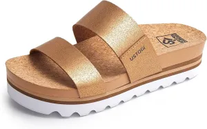 Flatform Platform Sandals Women Arch Support Beach Slides Orthotic Summer Causal Cork Footbed Adjustable Lightweight Thick Sole Comfortable Fashion Slip on Cushion Cute 2 Strap