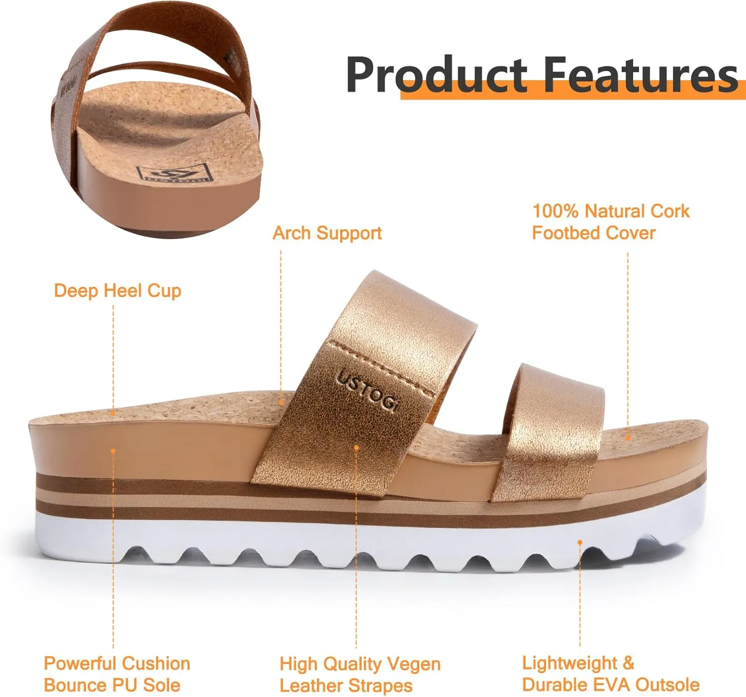 Flatform Platform Sandals Women Arch Support Beach Slides Orthotic Summer Causal Cork Footbed Adjustable Lightweight Thick Sole Comfortable Fashion Slip on Cushion Cute 2 Strap