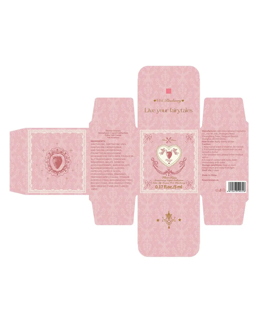 Flower Knows Strawberry Cupid Cake Lip Cream,Velvety-Smooth Matte Liquid Lipstick,Hydrating,Smudge-proof & Stain-Free Lip Stain for Girls & Women (V05 Pineberry,0.17 Fl Oz)