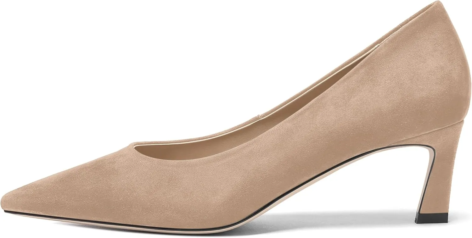 FOGEENA Womens Casual Pointed Toe Suede Leather Slip On Comfortable Kitten Low Heel Pumps Dressy Shoes 2 Inch Wedding