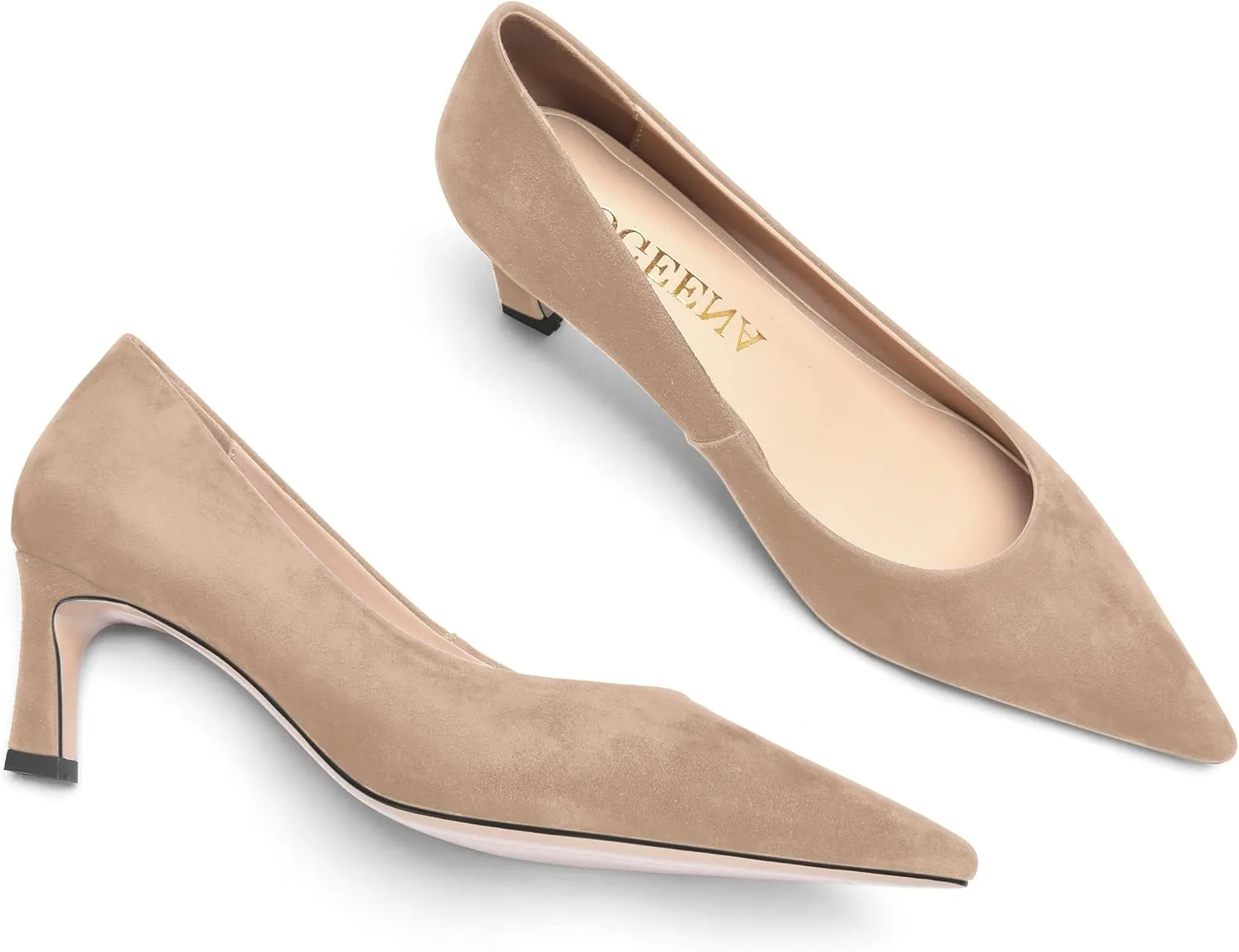 FOGEENA Womens Casual Pointed Toe Suede Leather Slip On Comfortable Kitten Low Heel Pumps Dressy Shoes 2 Inch Wedding