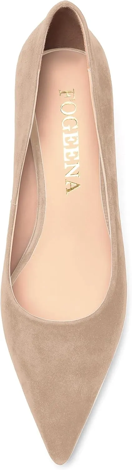 FOGEENA Womens Casual Pointed Toe Suede Leather Slip On Comfortable Kitten Low Heel Pumps Dressy Shoes 2 Inch Wedding