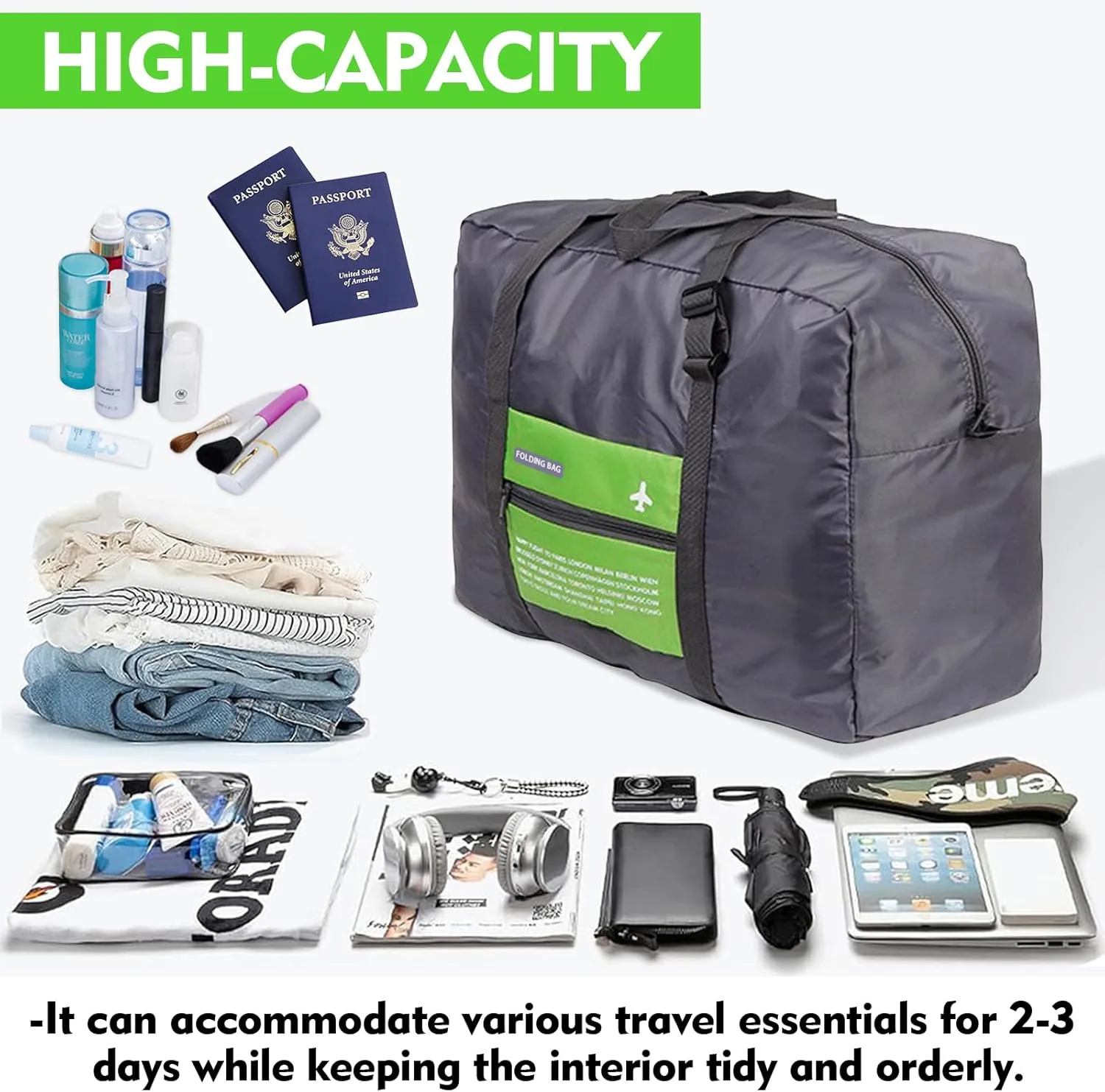 Foldable Travel Duffel Bag Sports Gym Tote Water Resistant Carry on Luggage bag Weekender Overnight Bag