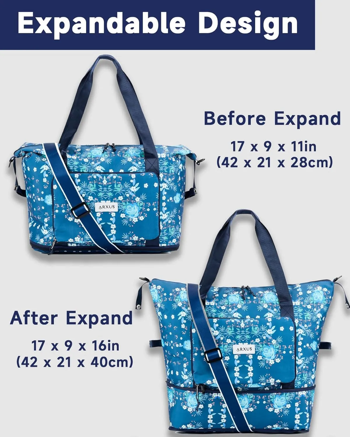 Folding Travel Bag Carry on Bags for Airplanes with Detachable Adjustable Shoulder Strap Light Weight Travel Duffle Bag for Women with Suitcase Sleeve 17x11x9 inch