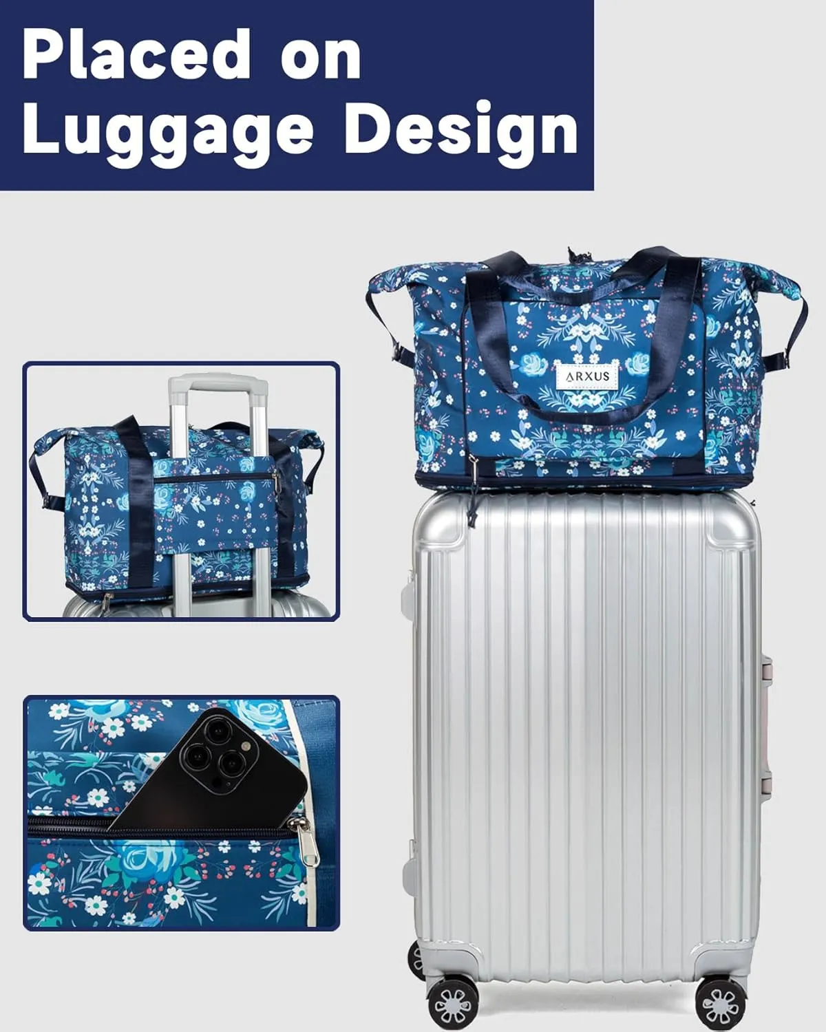 Folding Travel Bag Carry on Bags for Airplanes with Detachable Adjustable Shoulder Strap Light Weight Travel Duffle Bag for Women with Suitcase Sleeve 17x11x9 inch