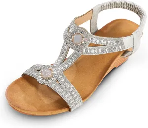 FRALOSHA Wedge Sandals for Women Dressy Summer Rhinestone Glitter Open Toe Casual wedge heels Sandal Comfy Cute Beach Shoes