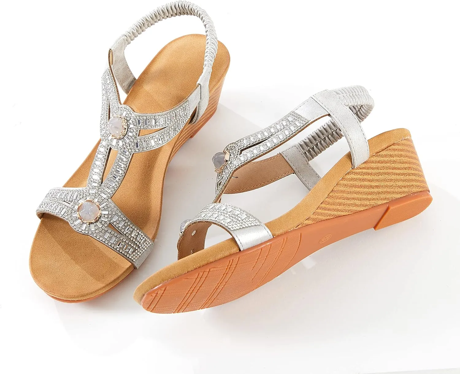 FRALOSHA Wedge Sandals for Women Dressy Summer Rhinestone Glitter Open Toe Casual wedge heels Sandal Comfy Cute Beach Shoes