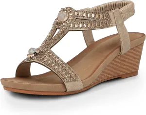 FRALOSHA Wedge Sandals for Women Dressy Summer Rhinestone Glitter Open Toe Casual wedge heels Sandal Comfy Cute Beach Shoes