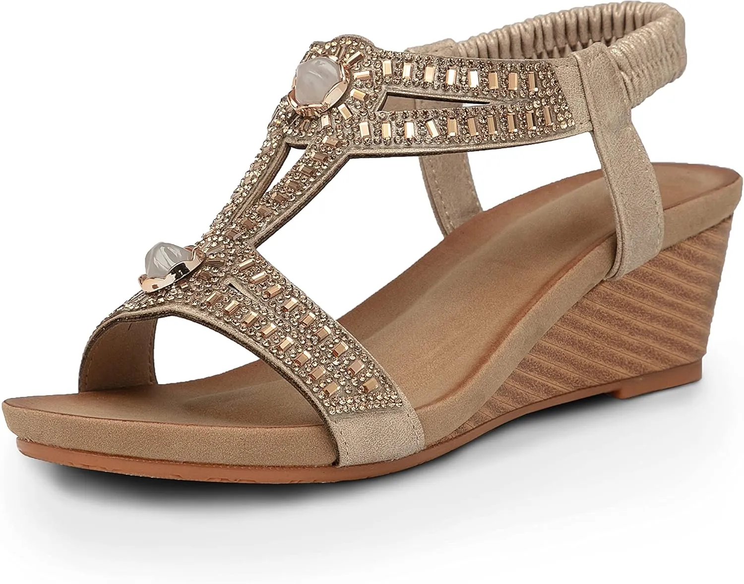 FRALOSHA Wedge Sandals for Women Dressy Summer Rhinestone Glitter Open Toe Casual wedge heels Sandal Comfy Cute Beach Shoes