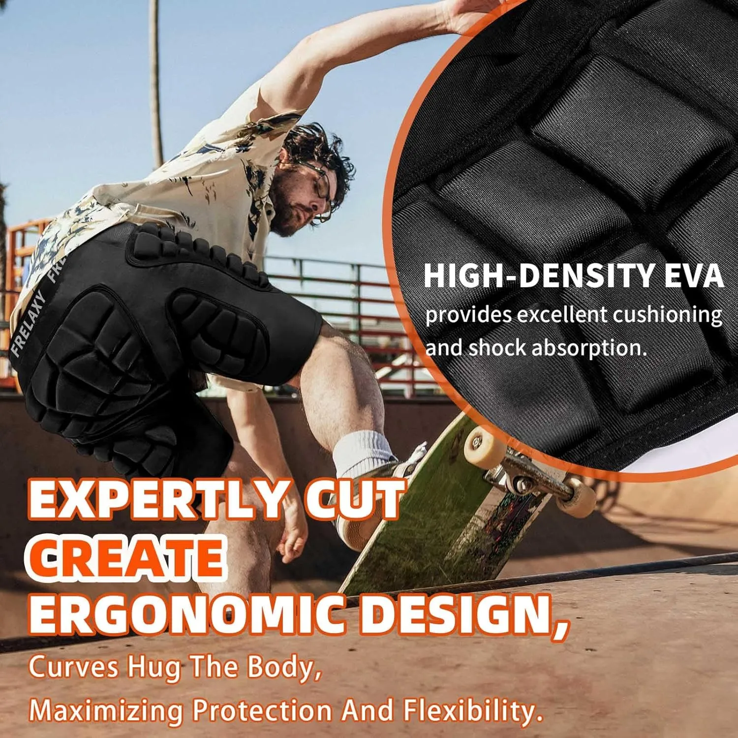 Frelaxy 3D Protective Butt Pads Padded Shorts for Snowboard, Ski and Skate, Crash Pad Impact Gear, Protection for Tailbone, Hip, and Butt