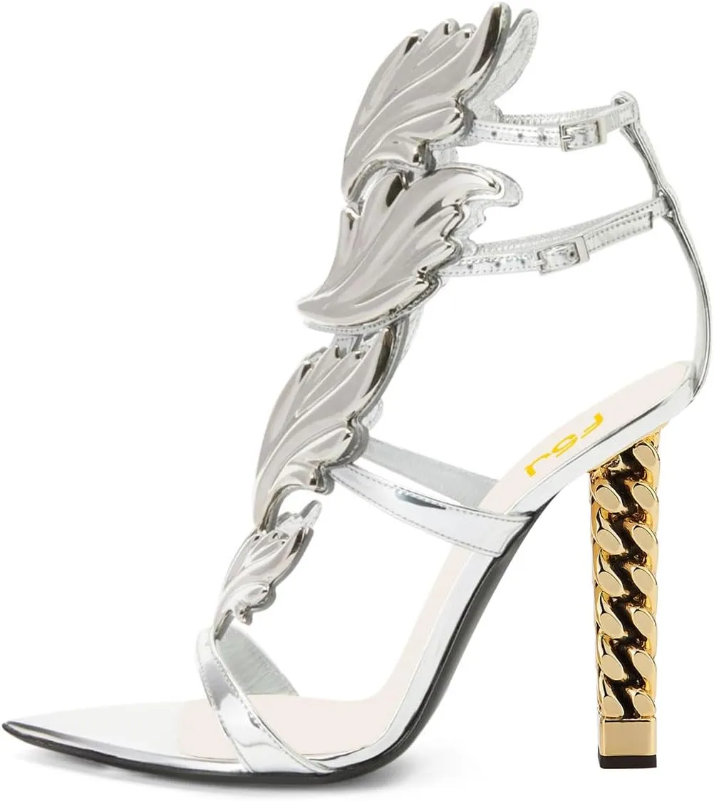 FSJ Women Gold Metal Chain Thick High Heel Sandals Open Toe Strappy Ankle Buckle Strap Slingback Ladies Comfy Summer Dress Shoes Shoes Size 4-15 US