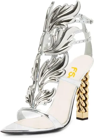 FSJ Women Gold Metal Chain Thick High Heel Sandals Open Toe Strappy Ankle Buckle Strap Slingback Ladies Comfy Summer Dress Shoes Shoes Size 4-15 US