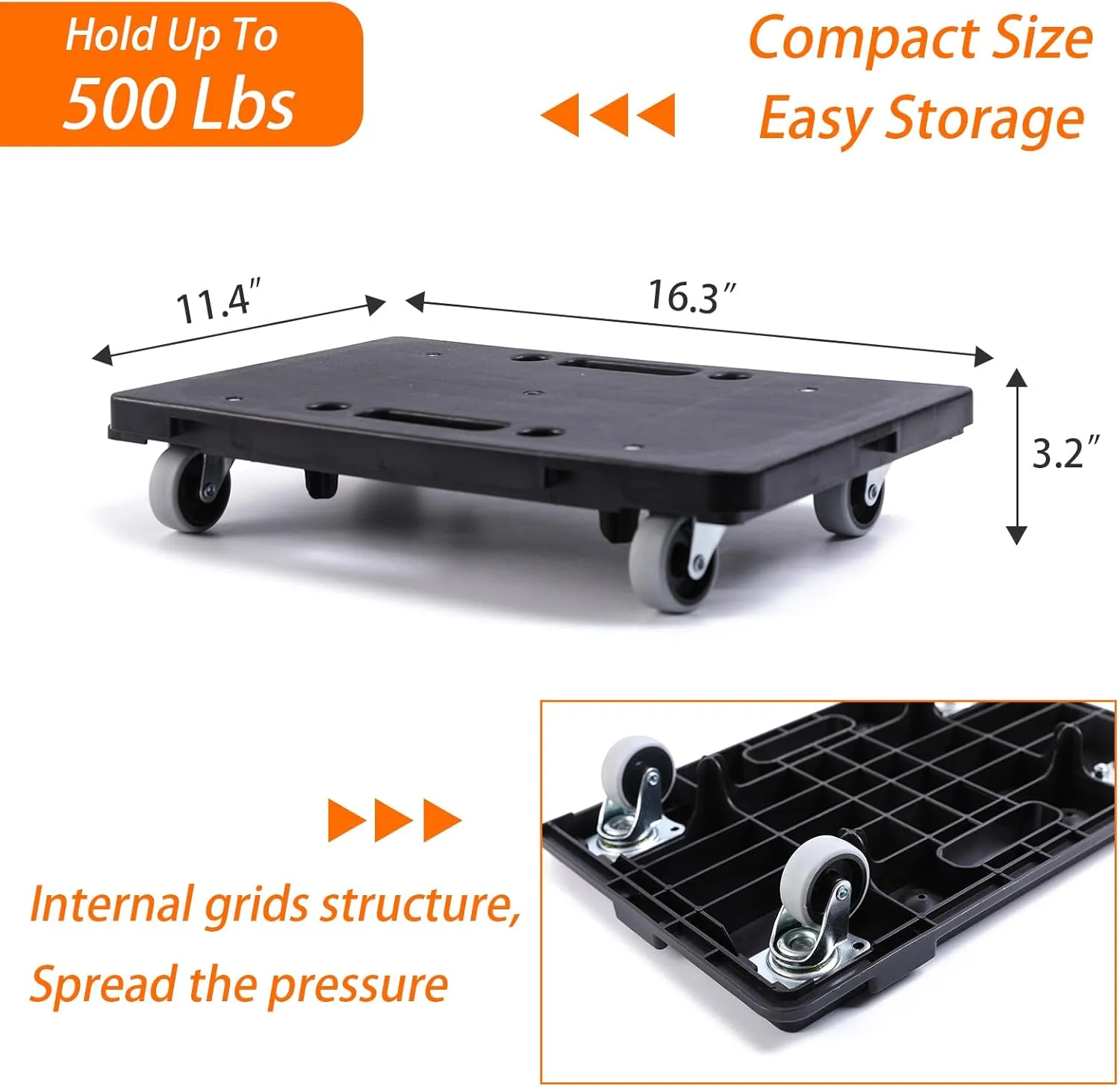 Furniture Dolly,Moving Dolly 4 Wheels Heavy Duty,16in-11in 500lbs Capacity,Furniture Movers Dollys with Wheels,Small Flat Cart with 2 Ropes, 2 Pack, Black (Black)