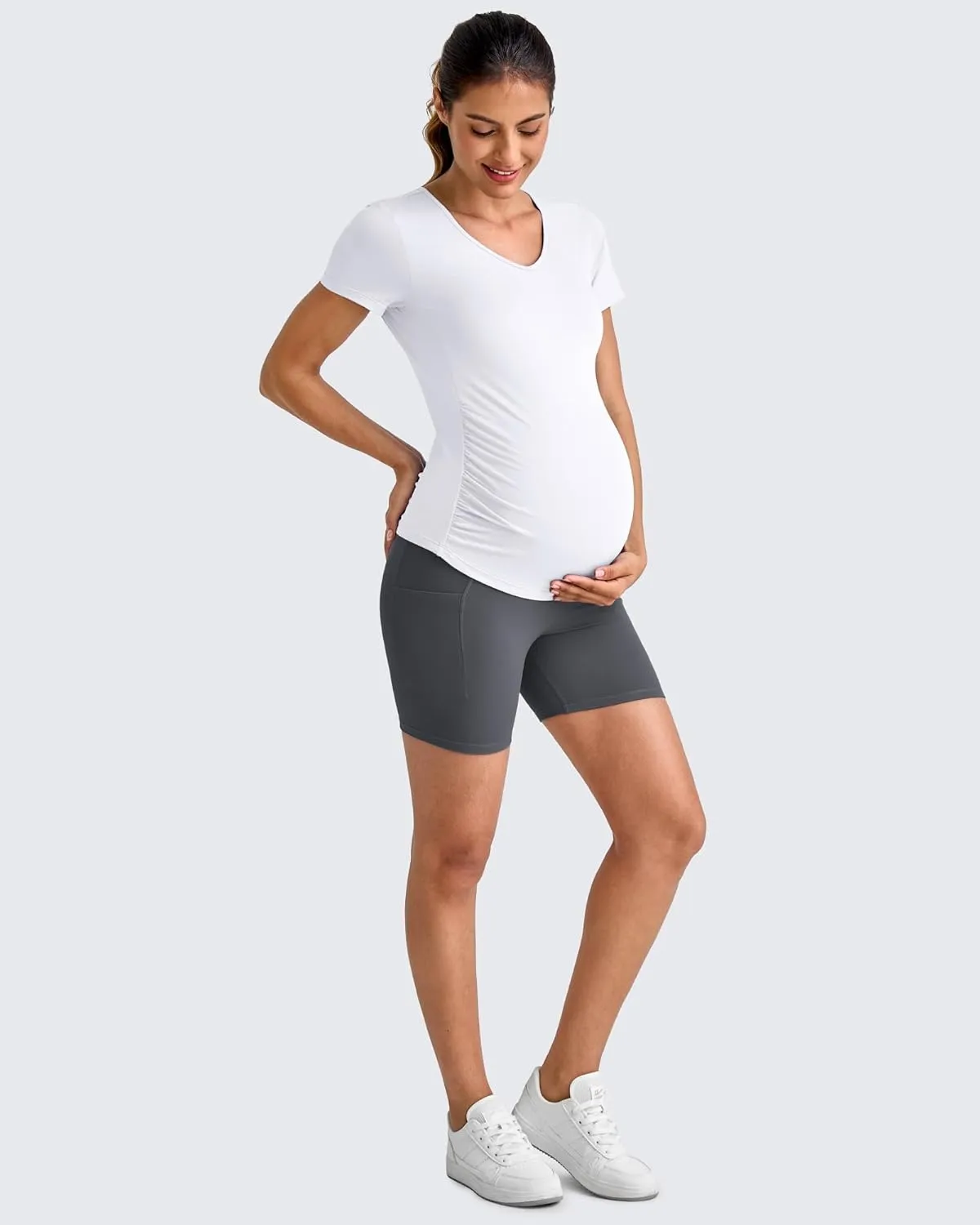 G4Free Lightweight Maternity Shirts Short Sleeve V Neck Pregnancy Workout Tops Side Ruched Stretchy Yoga Lounge Tees