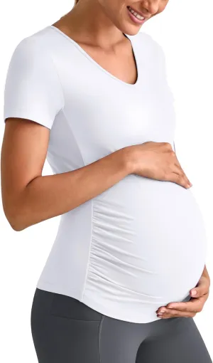 G4Free Lightweight Maternity Shirts Short Sleeve V Neck Pregnancy Workout Tops Side Ruched Stretchy Yoga Lounge Tees