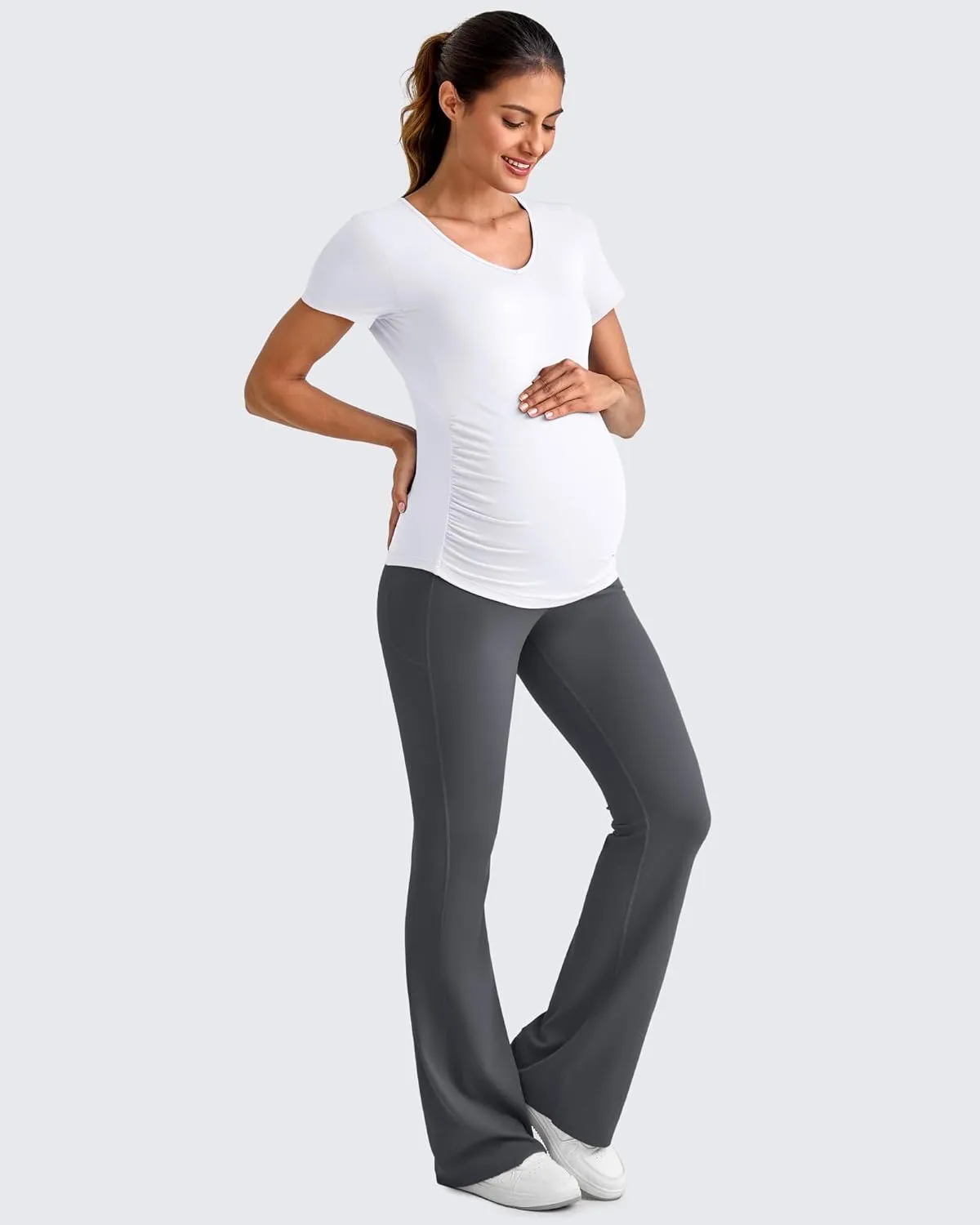 G4Free Lightweight Maternity Shirts Short Sleeve V Neck Pregnancy Workout Tops Side Ruched Stretchy Yoga Lounge Tees
