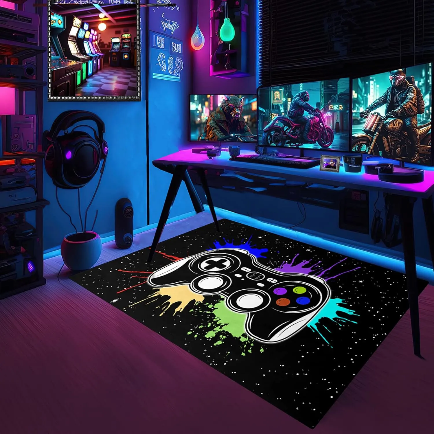 Gamer Area Rugs for Bedroom Boys Cartoon Painting Gamepad Home Carpet for Teens Cool Game Room Decor Black Carpet for Dining Living Room Playroom Floor Mats, 2'x3'