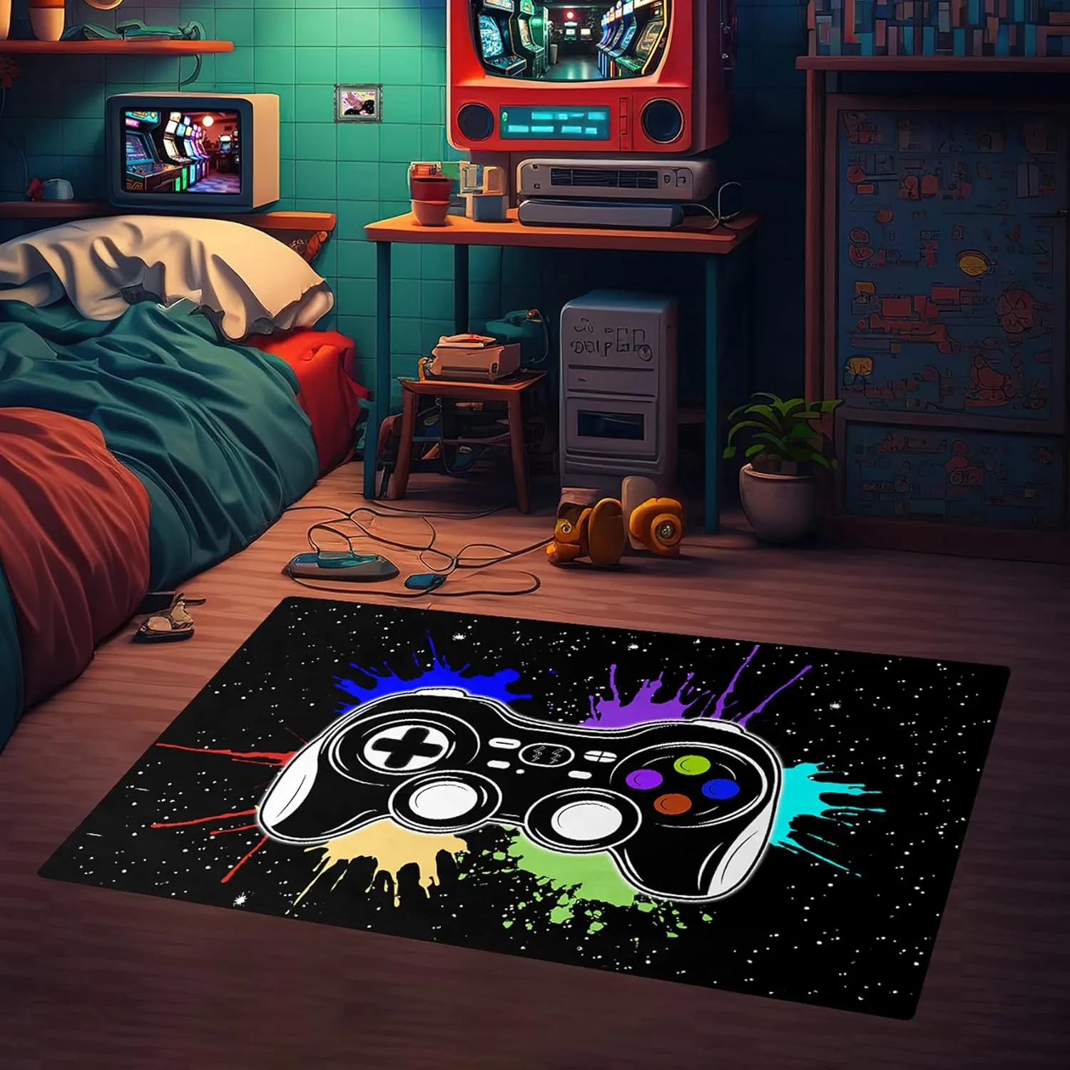 Gamer Area Rugs for Bedroom Boys Cartoon Painting Gamepad Home Carpet for Teens Cool Game Room Decor Black Carpet for Dining Living Room Playroom Floor Mats, 2'x3'