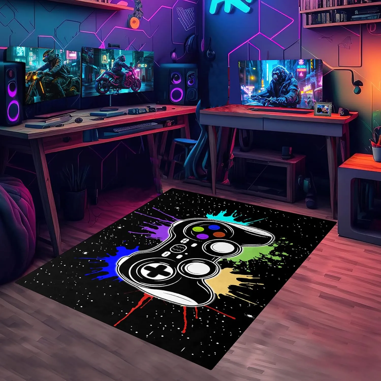 Gamer Area Rugs for Bedroom Boys Cartoon Painting Gamepad Home Carpet for Teens Cool Game Room Decor Black Carpet for Dining Living Room Playroom Floor Mats, 2'x3'