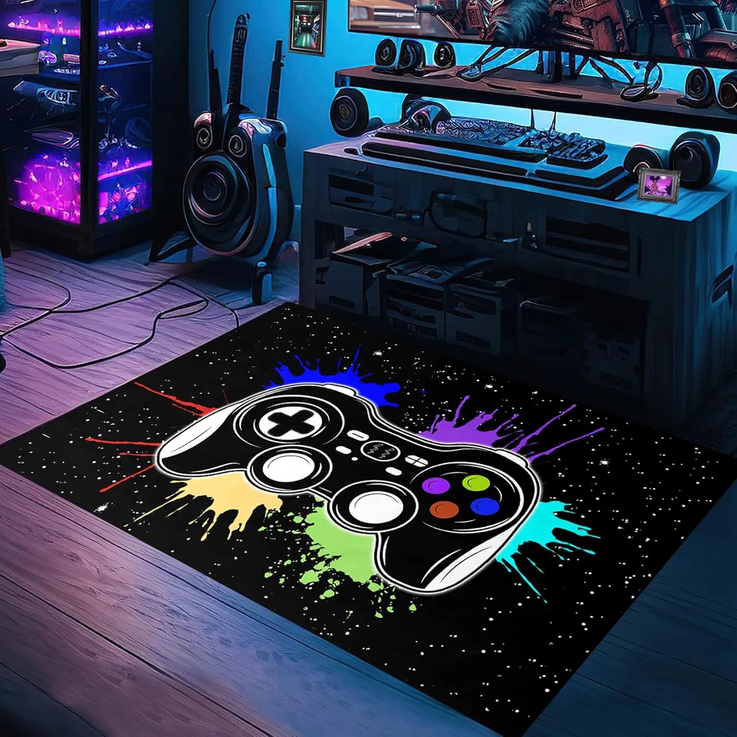 Gamer Area Rugs for Bedroom Boys Cartoon Painting Gamepad Home Carpet for Teens Cool Game Room Decor Black Carpet for Dining Living Room Playroom Floor Mats, 2'x3'