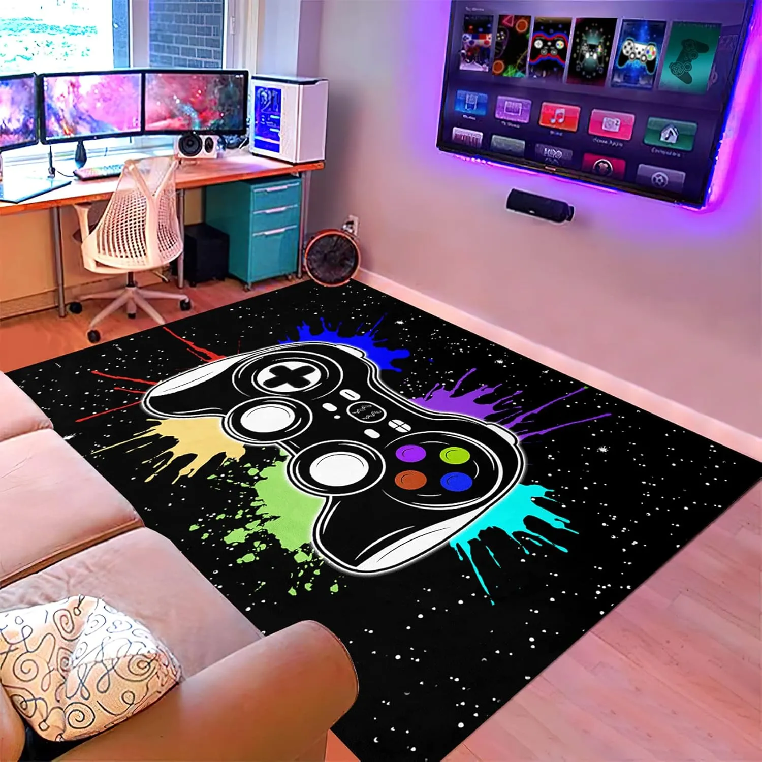 Gamer Area Rugs for Bedroom Boys Cartoon Painting Gamepad Home Carpet for Teens Cool Game Room Decor Black Carpet for Dining Living Room Playroom Floor Mats, 2'x3'