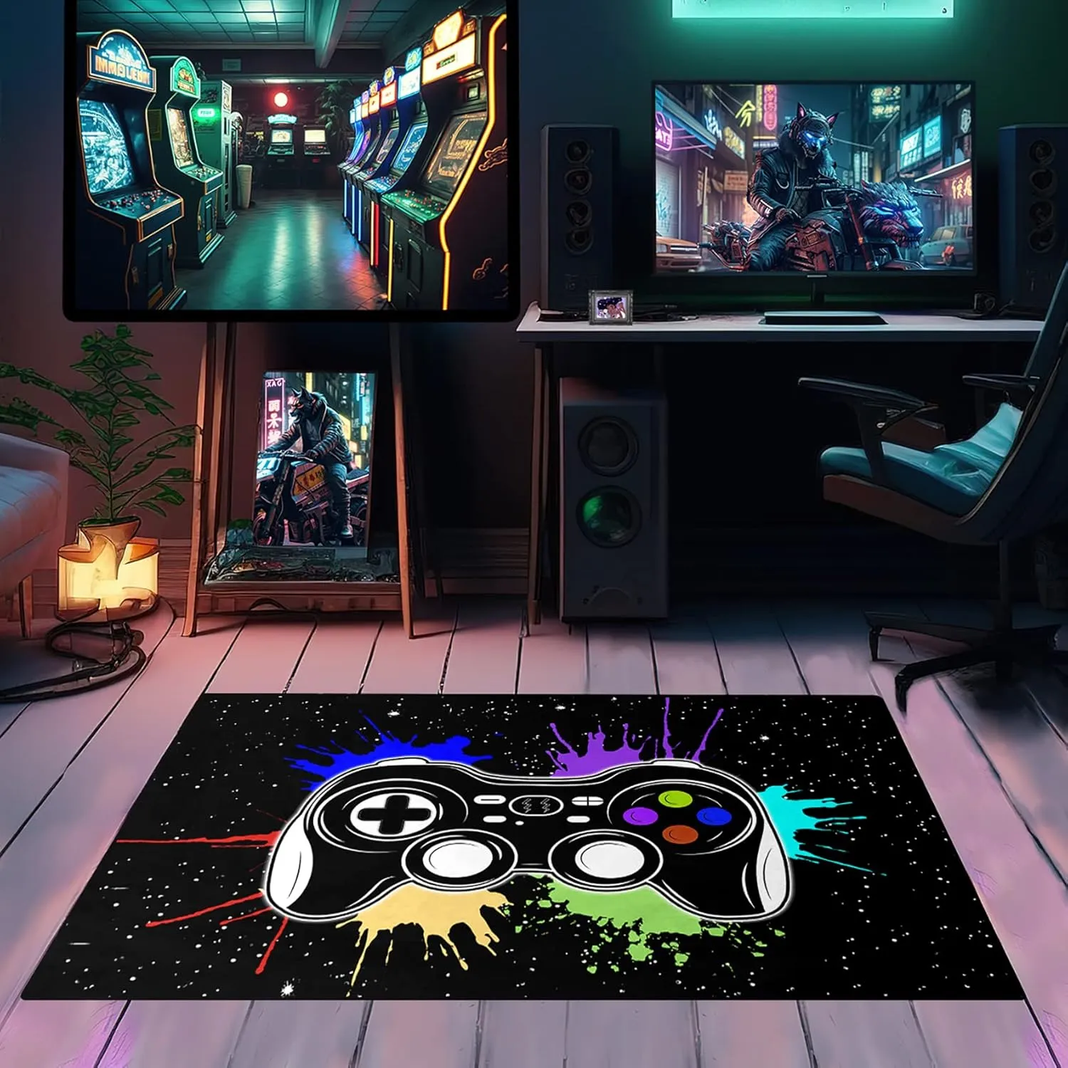 Gamer Area Rugs for Bedroom Boys Cartoon Painting Gamepad Home Carpet for Teens Cool Game Room Decor Black Carpet for Dining Living Room Playroom Floor Mats, 2'x3'