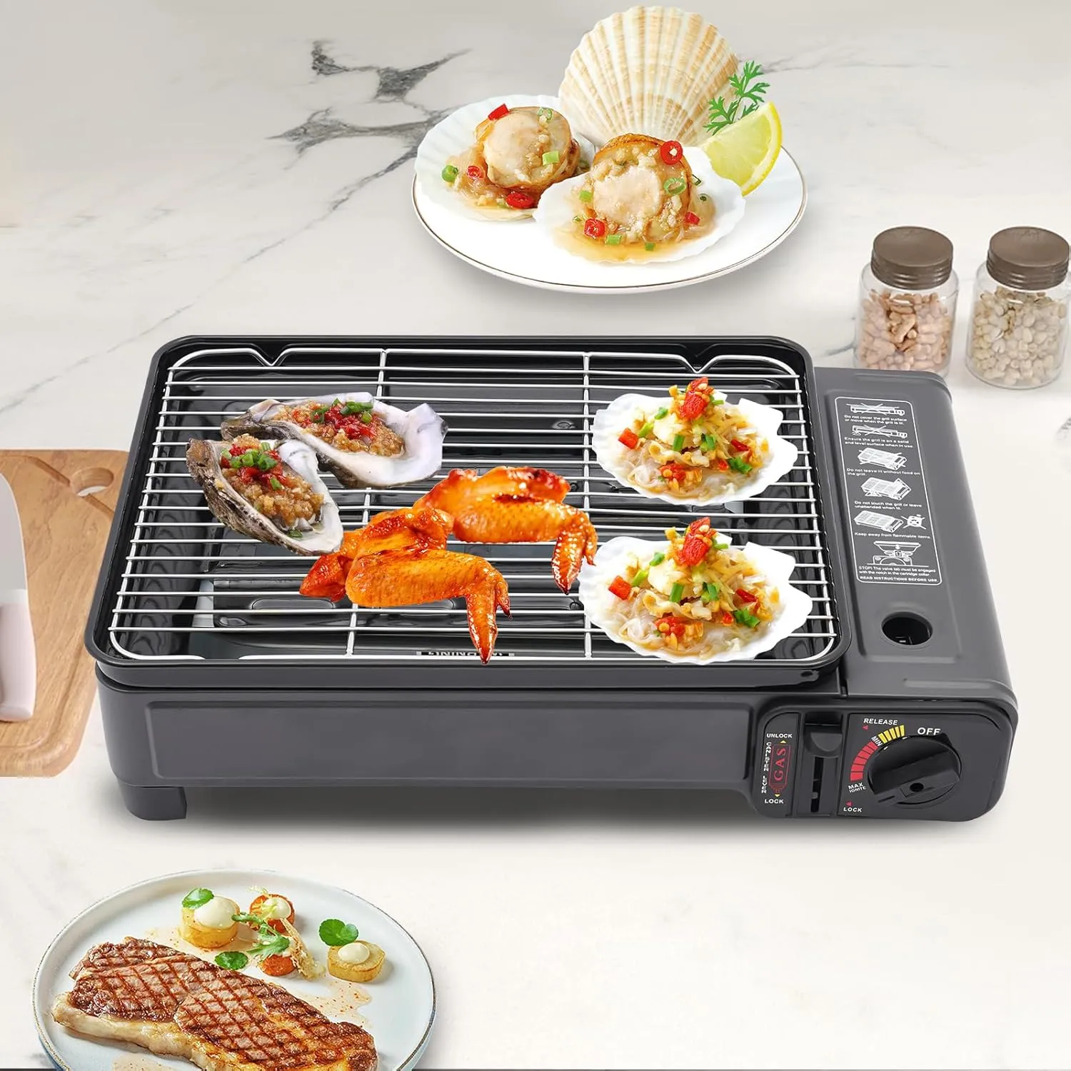Gas Grill Butane Grill Stove Portable Camping Grill Gas Stove Free Standing BBQ Grill Portable Butane Gas Stove w/Grilling Net Carry Case for Camping Traveling Outdoor Cooking, Black