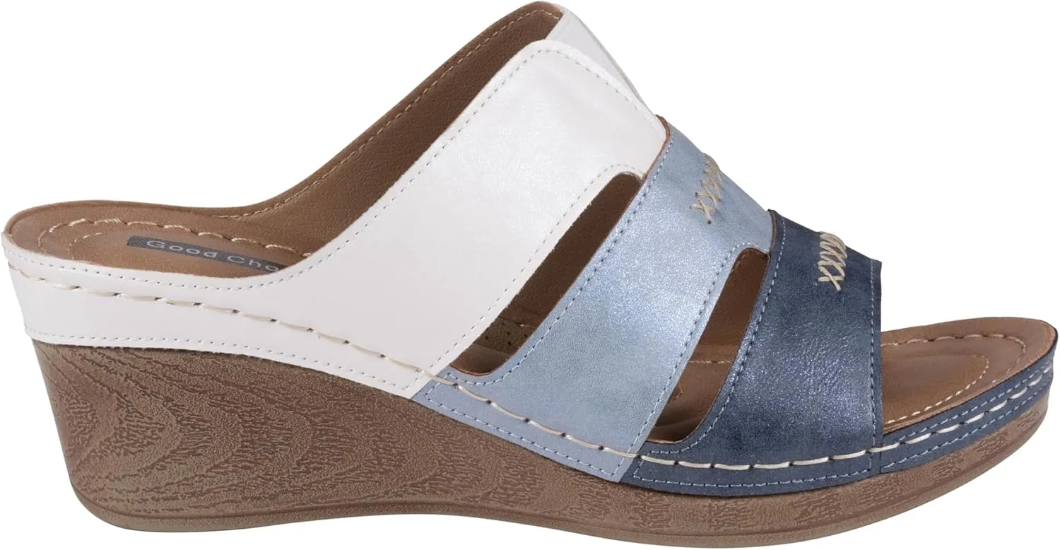 G.C. Shoes Women's Two-Tone Triple Band slip on wedge Sandals