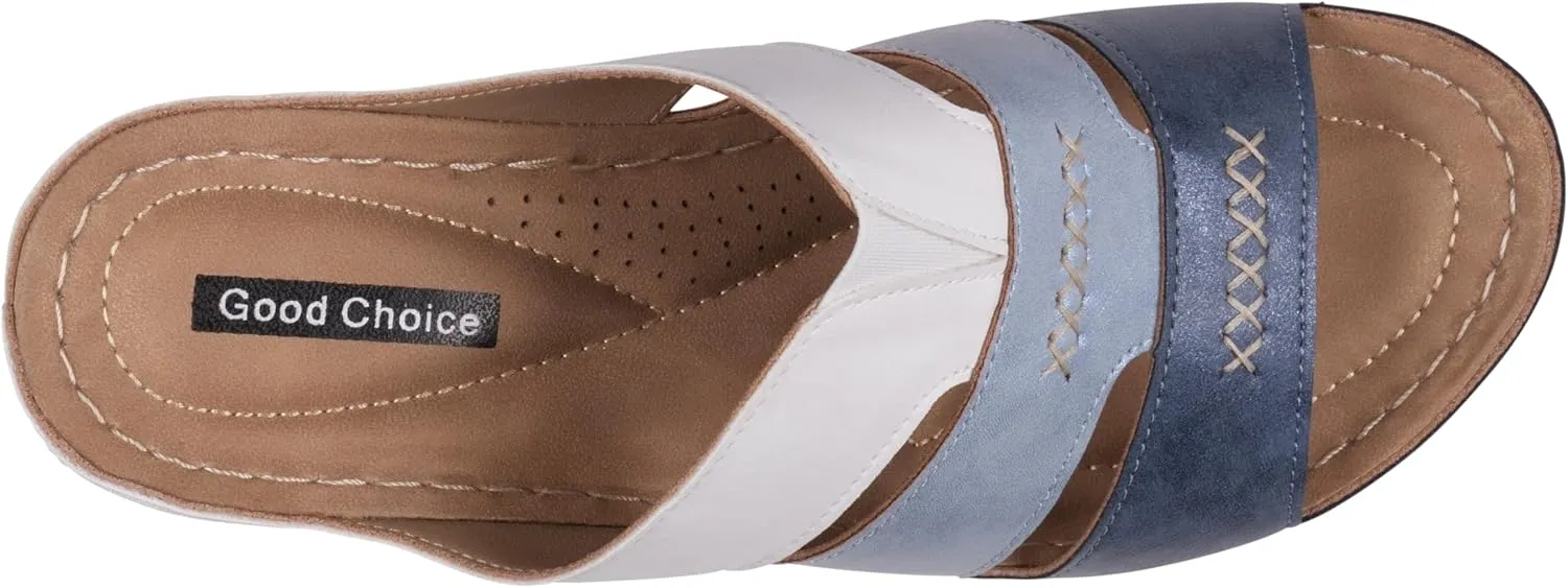 G.C. Shoes Women's Two-Tone Triple Band slip on wedge Sandals