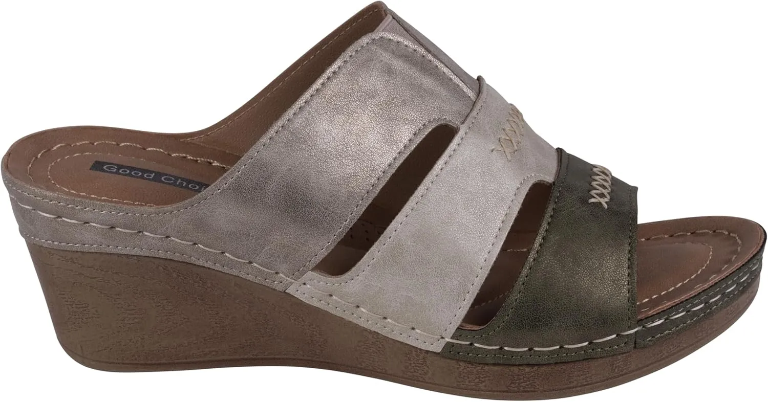 G.C. Shoes Women's Two-Tone Triple Band slip on wedge Sandals