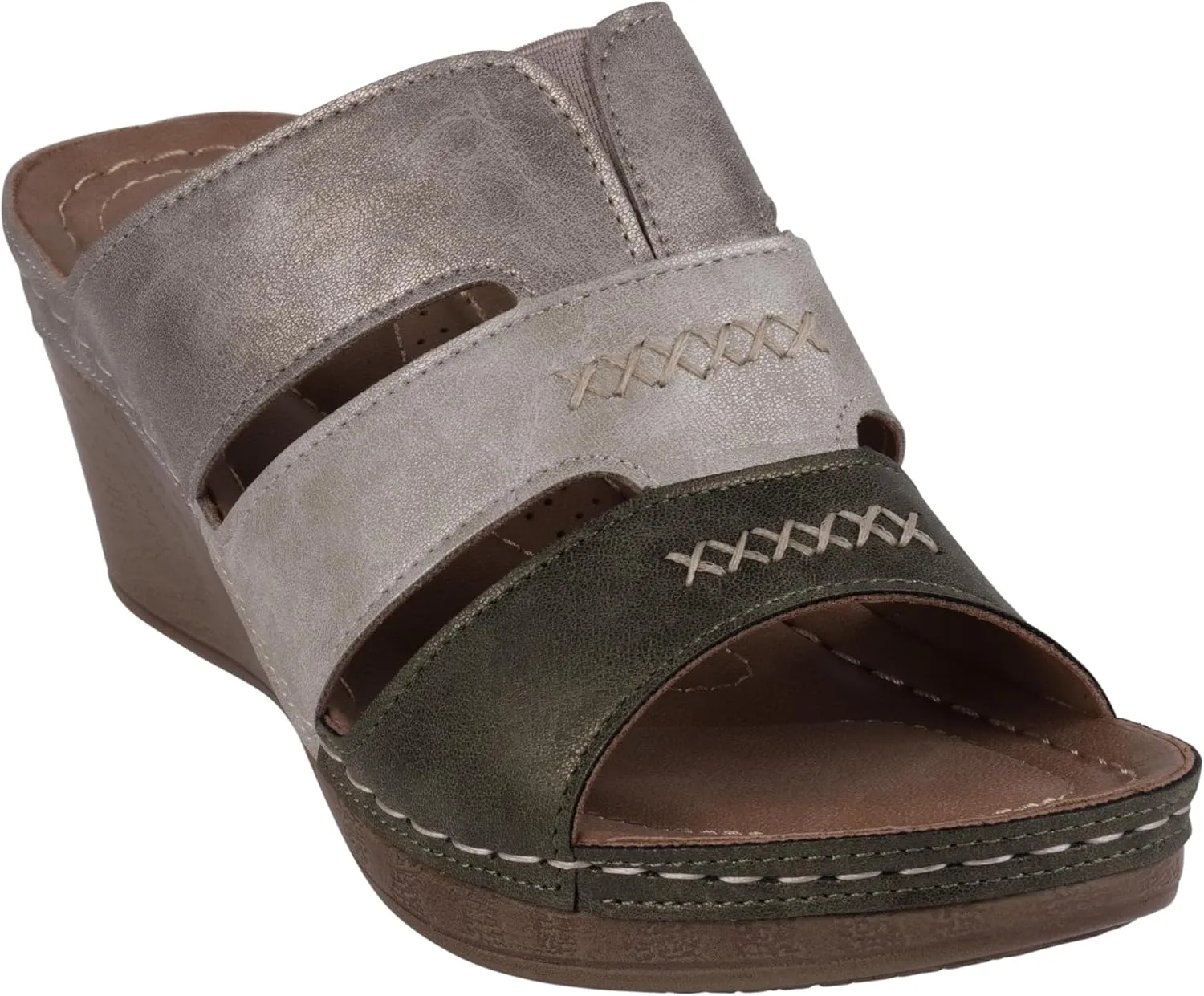 G.C. Shoes Women's Two-Tone Triple Band slip on wedge Sandals
