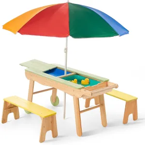 Giant bean 3 in 1 Kids Picnic Table, Indoor Outdoor Sand and Water Activity Table for Toddler Boys Girls, Convertible Sensory Toy w/Height Adjustable Umbrella & 2 Storage