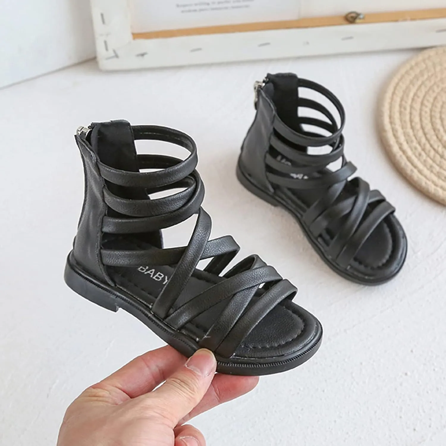 Girls Kids Rubber Sole Ankle Gl𝐚diator Sandals Breathable Cool Slip On Soft Summer Shoes Baby Toddler Light Comfy Shoes