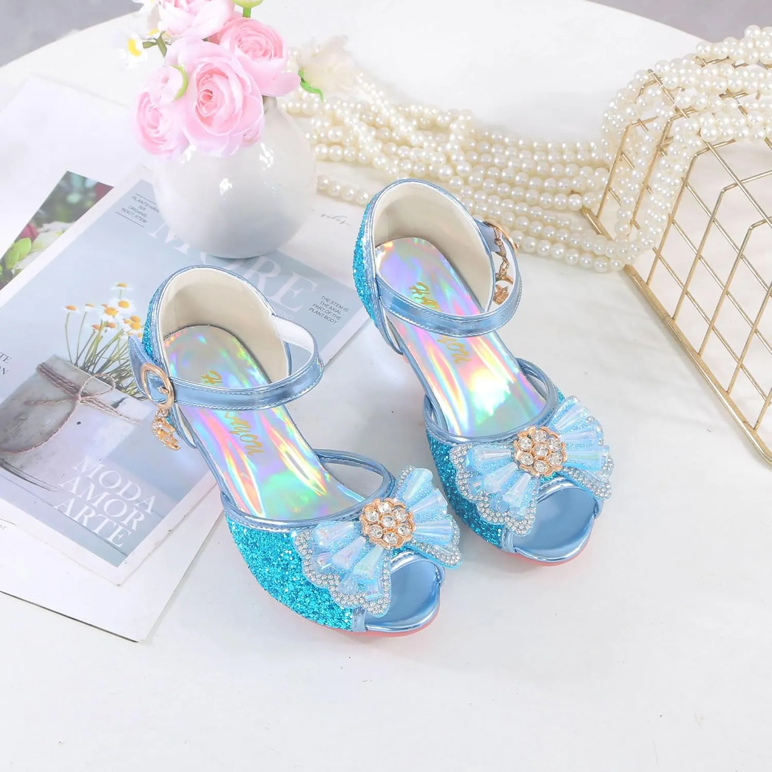 Girls Shoes Sparkle Mary Jane Low Heel Princess Flower Wedding Party Dress Shoes